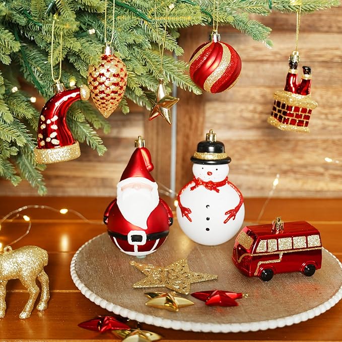 Alupssuc 100 Pcs Christmas Ball Ornaments Set, Santa Claus and Snowman Christmas Decoration Baubles for Indoor Outdoor Holiday Wedding Party Decoration Tree with Hanging Rope, Red & Gold