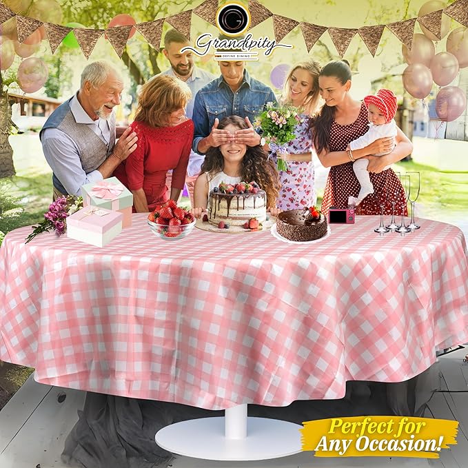 Grandipity 12 Pack Premium Disposable Plastic Tablecloth 84" Inch Decorative Round Table Cover - Pink Checkered Gingham