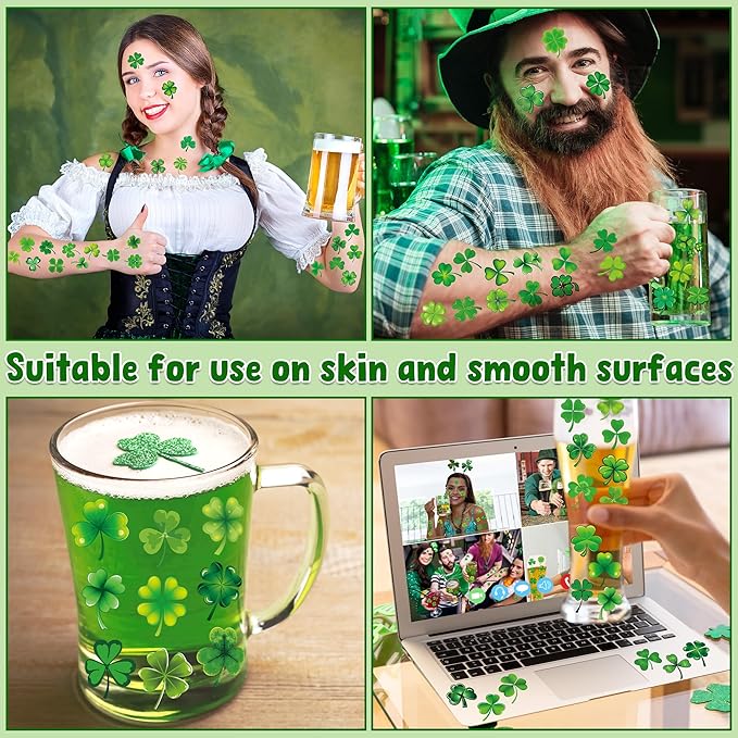 100 PCS St Patricks Day Tattoos, 4 Sheets Green Four Leaf Clover St Patricks Day Tattoos, Waterproof St Patricks Day Temporary Tattoos for St Patricks Day Accessories Favors