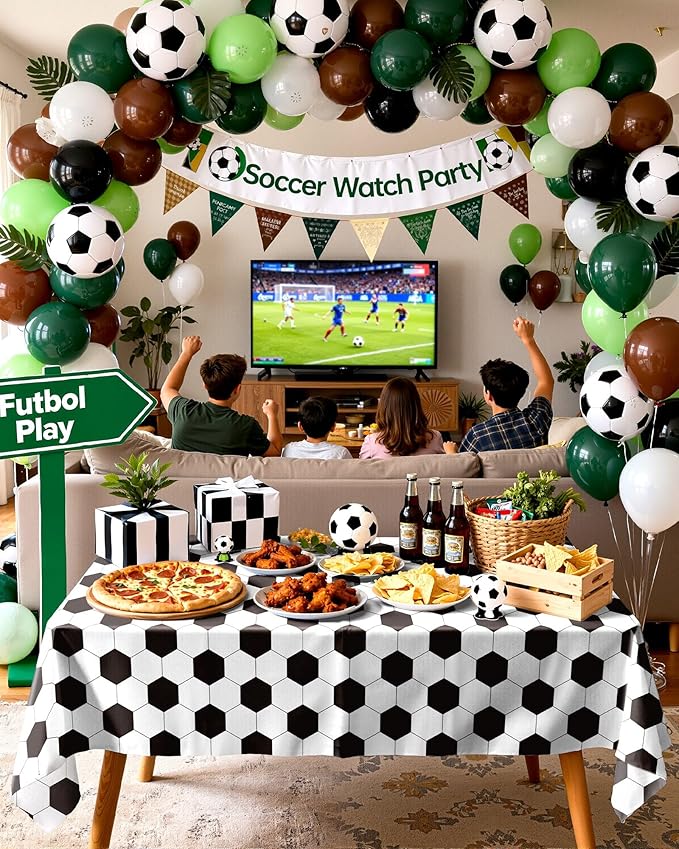 Pureegg Soccer Party Decorations 2026 Plastic Tablecloth Disposable 8 Pack, Rectangle Table Cover 54 x 108 Inch, Sturdy Leakproof Plastic Table Cloth for Soccer Birthday Party, White and Black Soccer