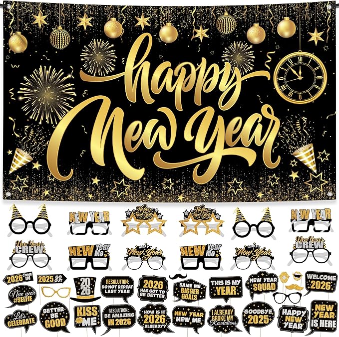 KatchOn, New Years Eve Party Supplies 2026 Set - Pack of 48 | Black and Gold Happy New Year Banner, New Year Photo Booth Props | 2026 Glasses for New Years Decorations | NYE Eve Decorations
