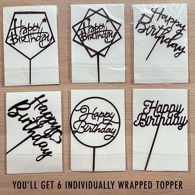 6-Pack Black Birthday Cake Topper Set, Double-Sided Shiny Black, Acrylic Happy Birthday Sign Cake Toppers/Cupcake Toppers, Party Decorations Supplies for Cool Guy.