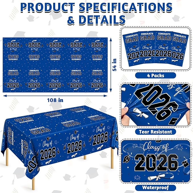 QZYL 4 Pack Graduation Tablecloth, 54" x 108" Blue Graduation Table Decorations 2026, Plastic Table Cloth for Class of 2026 Congrats Grad, Rectangle Disposable Grad Party Decorations Supplies Favors