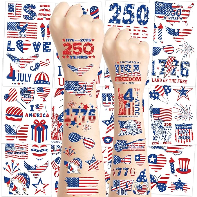 99 PCS 4th of July Temporary Tattoos, 12 Sheets Waterproof 4th of July Accessories, USA Flags Fireworks Eagles Independence Day Decorations, Patriotic Tattoos for Memorial Day Veterans Events