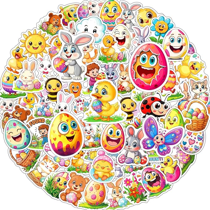 JCFIRE 100 PCS Easter Stickers for Kids, Waterproof Vinyl Cute Bunny & Egg Decals, Ultimate Easter Basket Stuffers for Toddlers, Teens, Boys & Girls, Egg Fillers, Party Favors, Crafts & Decorations