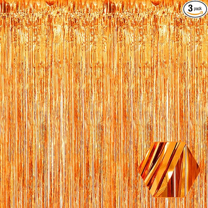 3 Pack Orange Foil Fringe Curtain Backdrop, 3.28Ft x 6.6Ft Metallic Tinsel Foil Fringe Streamer Curtains for Photo Booth, Christmas Day, Thanksgiving, Wedding, New Year Party Decorations