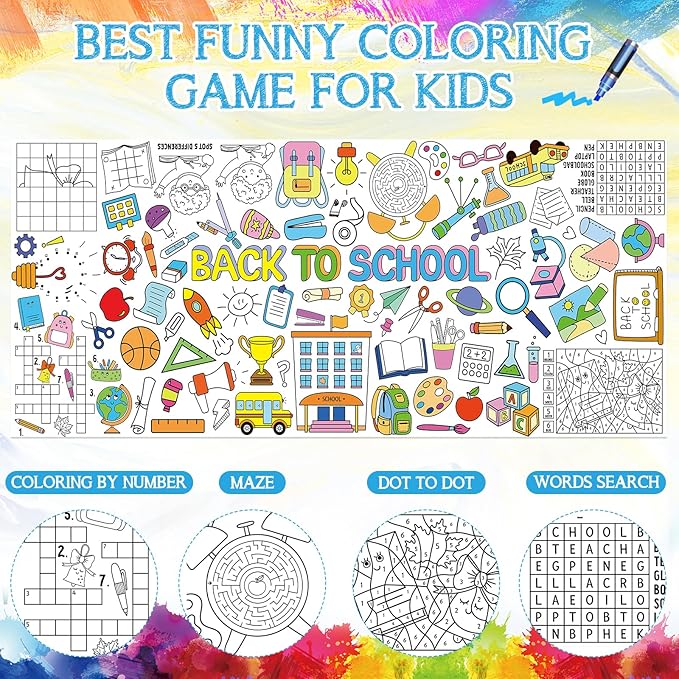 Back to School Large Coloring Poster for Kids 30 x 72 Inch, Giant Coloring Paper Tablecloth Decorations, Color-in Activities Games for Classroom Supplies Must Haves