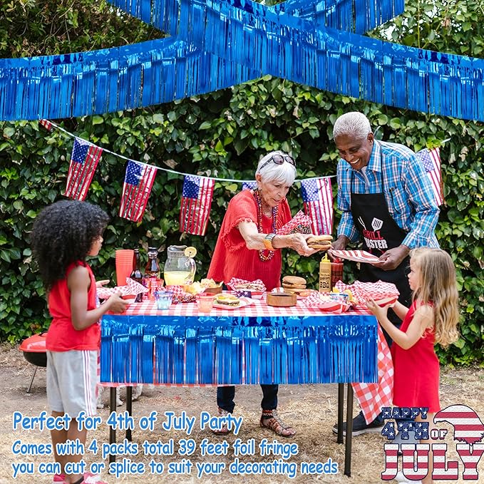 4 Packs Total 39 Ft Parade Floats for Trailer Car, Blue Foil Fringe Garland Tinsel Streamers Hanging Backdrop Banner Table Skirts for 4th of July Graduation Homecoming Wedding Birthday Party Decor