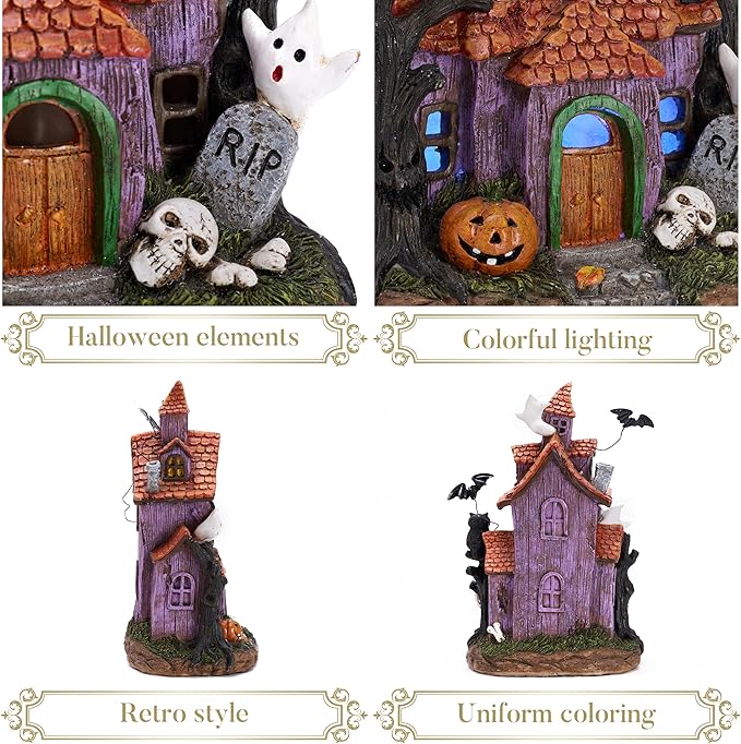 Valery Madelyn Haunted House Figurine with Bat Ghost Pumpkin for Halloween Decorations, Large Pre-Lit Lighted Resin Village Statue with LED Light for Indoor or Outdoor Party Table Decor, 12 inch