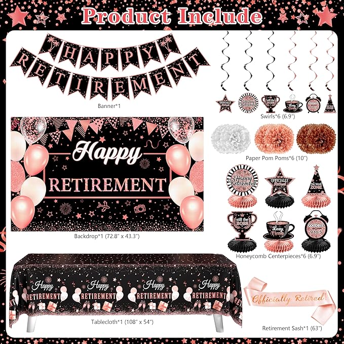 Retirement Party Decorations for Women 109Pcs Rose Gold Black Happy Retirement Decorations Retired Banner Backdrop Balloons Sash Hanging Swirls Pompoms Tablecloth Honeycomb Centerpiece(Rose Gold)