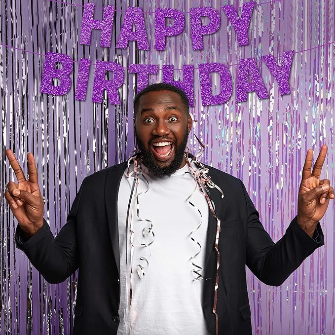 Pre-strung Happy Birthday Banner - No DIY - Purple Glitter Happy Birthday Party Banner for Girls & Women - Pre-strung on 8 ft Strands - Purple Bday Party Decorations & Decor. Did We Mention No DIY