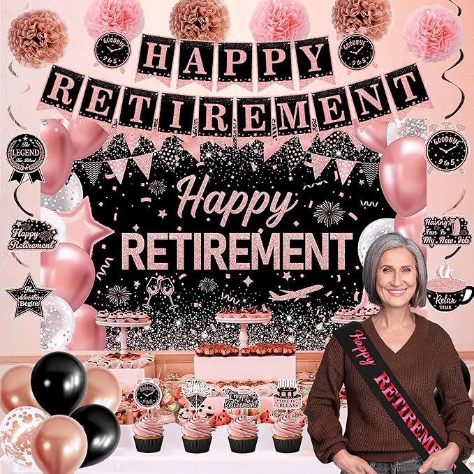 DARUNAXY Rose Gold Retirement Decorations for Women, Happy Retirement Banner, Pink Officially Retired Hanging Swirl The Legend Has Retired Sash Tissue Paper Pom Poms Party Supplies(31PC)