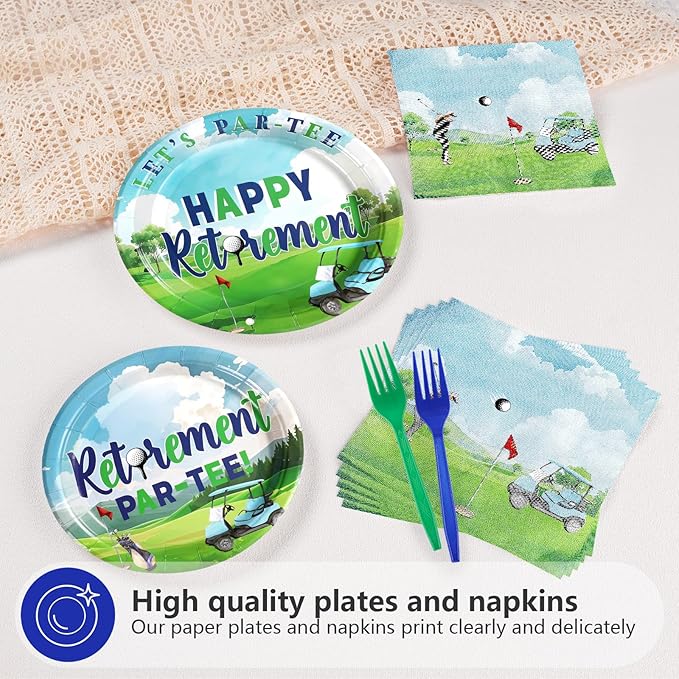 96Pcs Golf Retirement Party Decorations Sport Happy Retirement Plates and Napkins Tableware Set Golf Retire Decorations Favor for Men Golfers Lover Going Away Partee Farewell Party Supplies Serves 24