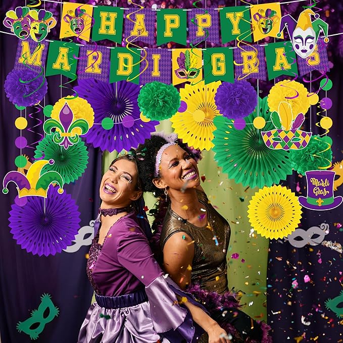 25PCS Mardi Gras Decorations, Mardi Gras Party Favors Decor Kit with Paper POMPOM, Happy Carnival Paper Fans Banner Felt Garland, Crown Hanging Swirls for Carnival Party Parade Accessories