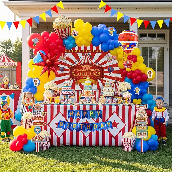 Circus Theme birthday party decorations & include red blue yellow balloon garland & foil hot air popcorn balloons & banner carnival road sign paper card background decor