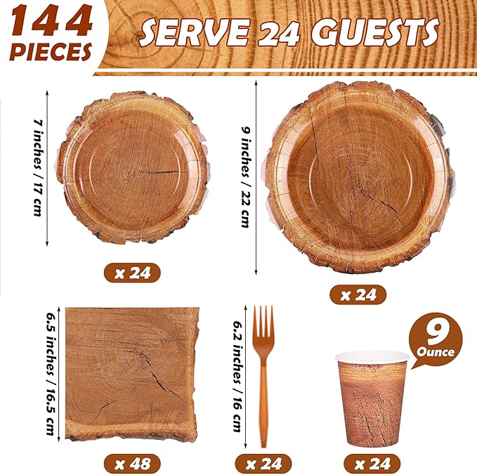 Kochorie 144 Pieces Camping Wood Grain Slice Tableware Sets Rustic Wood Party Decorations Paper Plates Napkins Cups Forks Serves 24 for Forest Themed Party Decorations Hunting Birthday Supplies