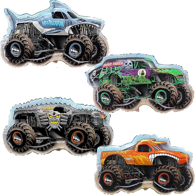 Toyland® Pack Of 4 Monster Jam Truck Foil Balloons - Grave Digger, El Toro Loco, Max D & Megalodon Shaped Character Balloons