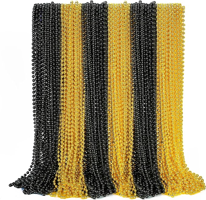 12PCS New Years Eve Bead Necklace, Black Gold Bead Costumes Necklace Party Supplies, 33" New Years Eve Necklaces Accessory Sets, Festival Parade Throw for Mardi Gras Celebrations Decorations