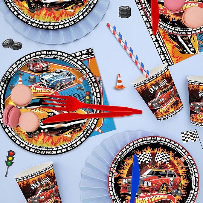 168PCS Race Car Party Supplies for Boys Plates and Napkins Cups Straws for Birthday Hot Car Party Themes for Kids Boys Racer Tableware Set 24 Guests