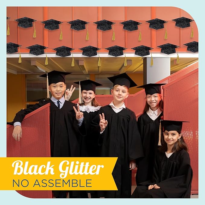 4E's Novelty Graduation Cap Banner – Black Glitter 2026 Grad Cap Garland, Grad Party Decorations 2025, Hanging Graduation Decor for College, High School & Outdoor Celebrations