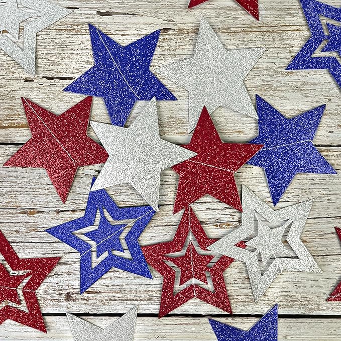 8 Pack Patriotic Star Banner Garland - Glitter Red White Blue Hanging String Garlands for 4th of July, Memorial Day, Independence Day, Veterans Day Party, Holiday Decorations, Labor Day, Party Decor