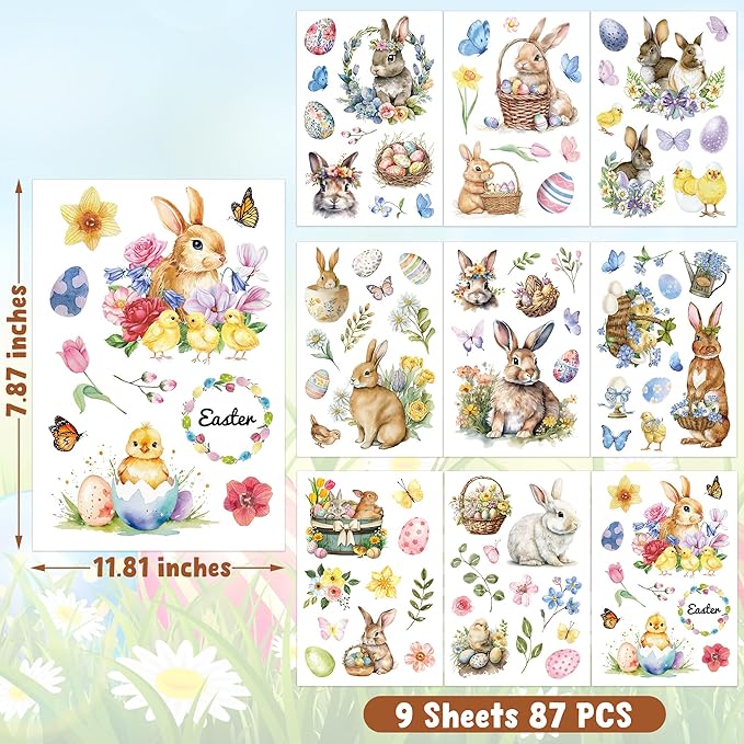 9 Sheets Easter Window Clings, 87 PCS Watercolor Easter Party Decorations with Bunny Egg Flower, Double Sided Egg Window Decals Stickers for Spring Decor Home Office Party Supplies