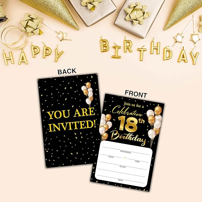 18th Birthday Invitation Cards with Envelopes - Classic Gold Theme Fill in The Blank Birthday Party Invite Cards, for Man, Woman Young People Banquet Party Supplies, 20 Invites With Envelopes - B7