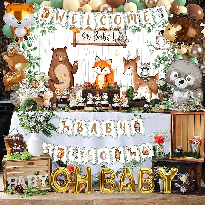 BORAMDO Woodland Animals Baby Shower Decoration Pack Forest Animal Neutral Gender Reveal Party Supplies Woodland Themed Birthday Party Ideas Set 106 Pcs Backdrop, Tablecloth, Cake Toppers, Balloons