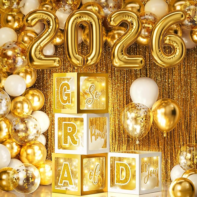 Graduation Party Decorations Class of 2026, 86PCS White & Gold Graduation Party Supplies High School College Grad Balloon Boxes with Letter, Foil Curtain, LED String Light, Balloon Garland Kit