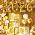 Graduation Party Decorations Class of 2026, 86PCS White & Gold Graduation Party Supplies High School College Grad Balloon Boxes with Letter, Foil Curtain, LED String Light, Balloon Garland Kit