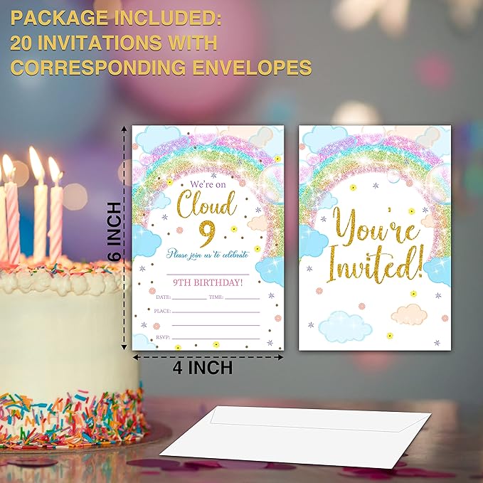 9th Birthday Invitations Cards, 4"x 6" Rainbow Clouds Birthday Party Invites with Envelopes for Party Decorations Supplies(20 Pieces) -D04