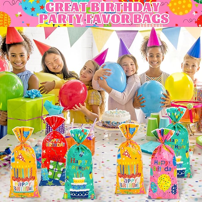 ZYLOP 100PCS Birthday Cellophane Treat Bags - Happy Birthday Goodie Bags with 110 Twist Ties for Kids BDAY Party Favors Wrapping, Packaging Candy Cookies Gifts, 4.9 x10.6 Inch, 4 Colorful Styles