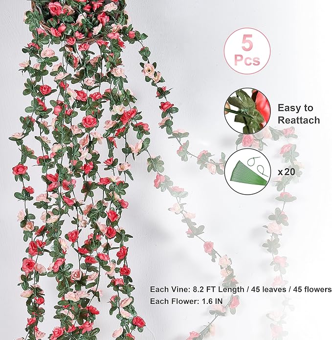 BLEUM CADE 5Pcs 41Ft Flower Garland Artificial Rose Vines for Bedroom, Cute Fake Hanging Flower Vines Floral Garland Decorations for Wedding Party Wall Room Decor Aesthetic