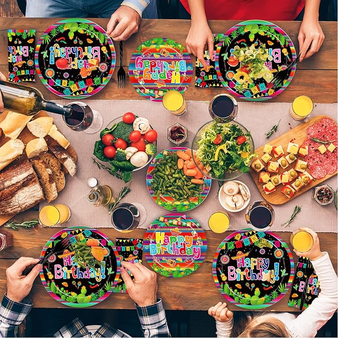 96 Pcs Mexican Birthday Party Plates, Fiesta Party Decorations Supplies Cinco De Mayo Carnival Birthday Disposable Paper Plates Napkins Colorful Stripe Serape Baby Shower Tableware, Serves 24