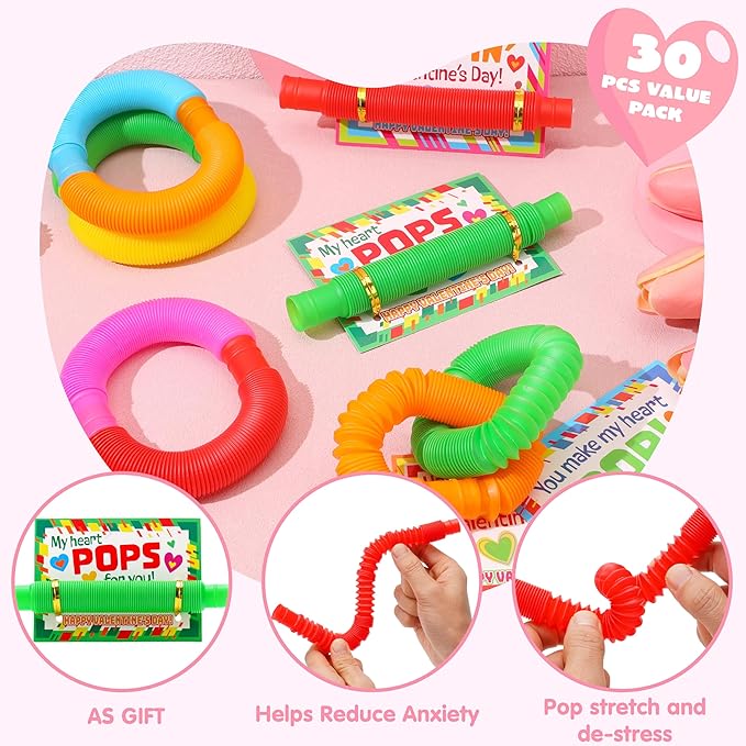 JOYIN 30 Packs Valentines Day Pop Tubes Fidget Toys for Kids, Stretchy Tube Stress Relief Fidget Toy for Kids Valentine's School Classroom Exchange Gift Rewards Party Favors Classroom Gifts