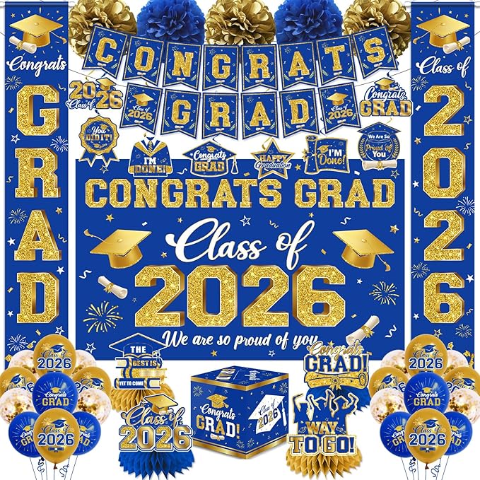 2026 Graduation Decorations - Blue Gold Congrats Grad Party Supplies include Card Box, Backdrop, Banner and Balloons for Class of 2026 Decorations Set