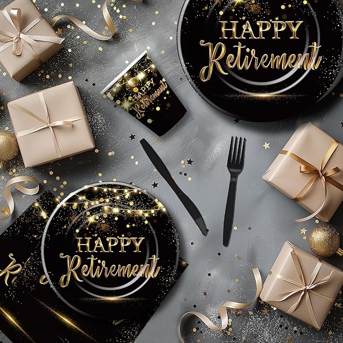 Retirement Decorations Party Supplies, Gold Black Happy Retirement Party Decorations Tableware For Men Women, Paper Plate, Napkin, Cup, Cutlery, Tablecloth, 24 Guests