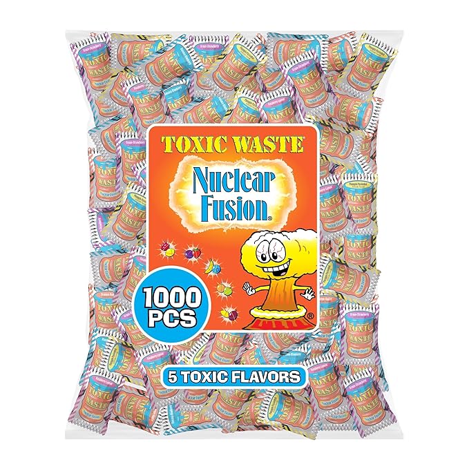 TOXIC WASTE - Nuclear Fusion Hazardously Sour Candy - Raspberry-Lemon, Pineapple-Passionfruit, Grape-Strawberry, Banana-Blueberry, & Orange-Apple Flavors - 1000 Piece Bulk Bag