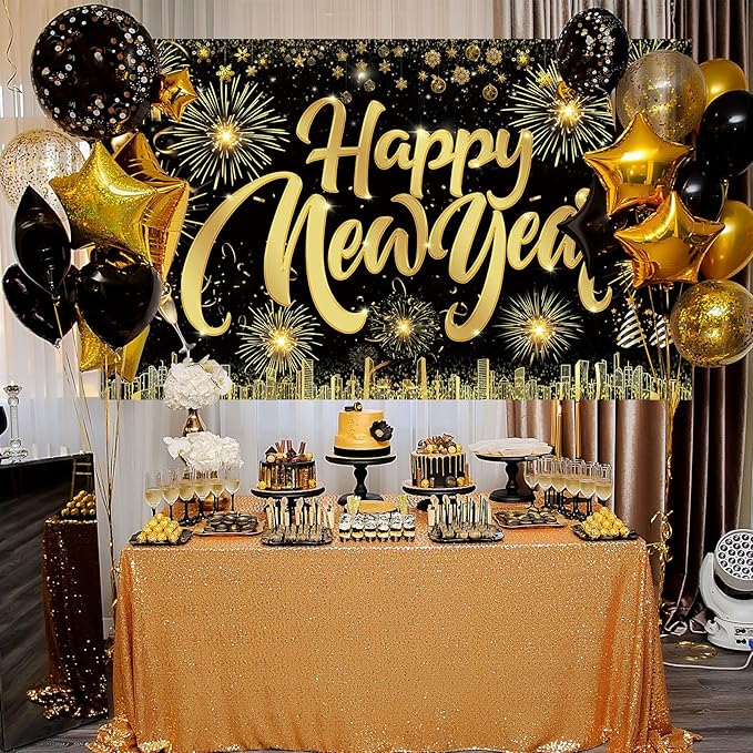 Famoby Happy New Year Fabric Sign Poster Banner Backdrop with Pattern Firework Champagne for Photo Booth Background New Year Party Decorations Supplies