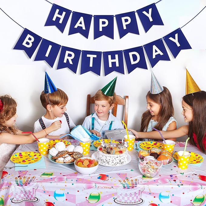 Blue Happy Birthday Banner - Navy Blue Hanging Backdrop Sign with White Letters, Happy Birthday Sign Bunting Decorations for Women men Kids Baby Shower Party Supplies (13pcs)