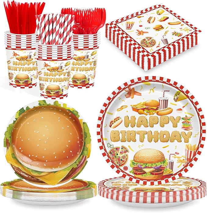 168PCS Hamburger Party Supplies for Kids Fast Food Themed Happy Birthday Party Decorations BBQ Picnic Paper Plates Napkin Cups Forks Knives Straw Tableware for 24 Guests