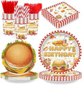 168PCS Hamburger Party Supplies for Kids Fast Food Themed Happy Birthday Party Decorations BBQ Picnic Paper Plates Napkin Cups Forks Knives Straw Tableware for 24 Guests