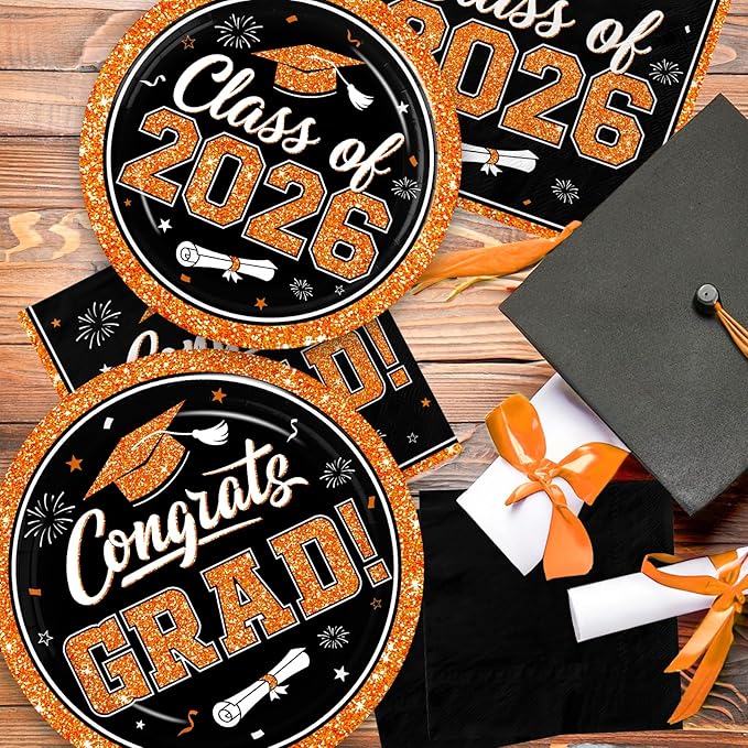 Graduation Decorations 2026 Graduation Party Plates and Napkins Set Black Orange Class of 2026 Graduation Party Supplies for Congrats Grad Party Decor, Serve 50