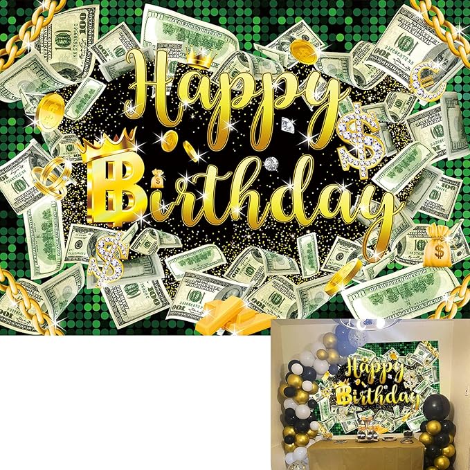 5×3ft Money Birthday Backdrop Money Party Background Dollar Bill Backdrop Hip Hop Background Boy Girl Men Cash Bash Birthday Party Props Photo Booth Decor
