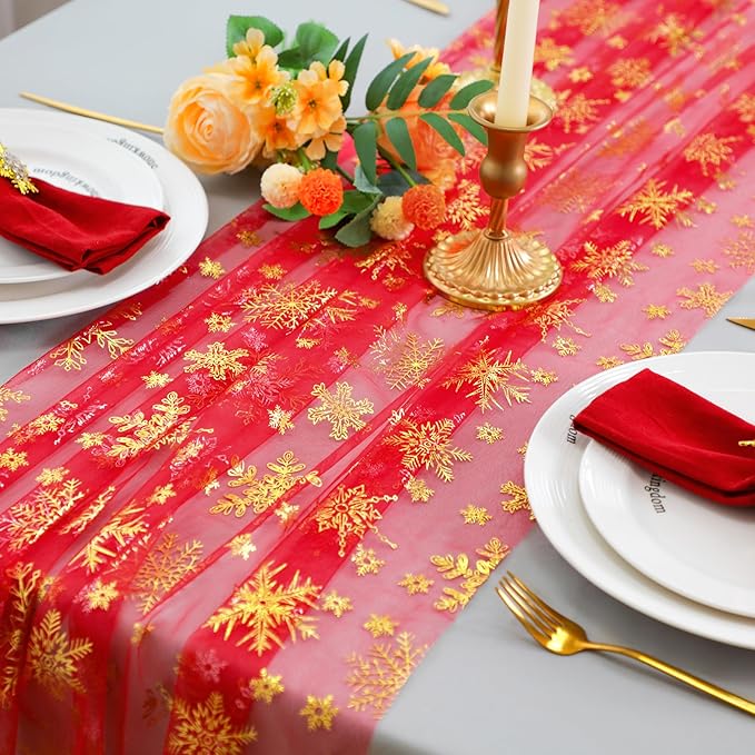 Snowkingdom Red Table Runner, 120 Inches Long Sheer Tulle with Gold Snowflake for Winter Holiday Wedding Home Party Valentine's Day New Year Christmas Table Decor