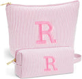 Initial Makeup Bag Set for Women - Personalized Travel Pouch, Portable Cosmetic Bag Make up Kit Pouch | Travel Essentials Cute Makeup Bag Birthday Gifts for Women, Light Pink Letter R