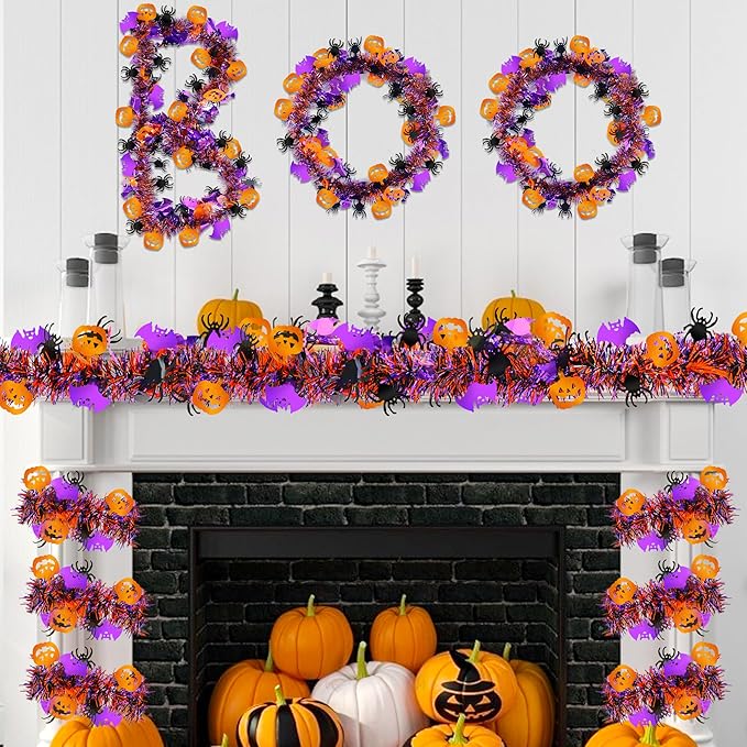 Halloween Decorations,50 FT Halloween Tinsel Garland with Orange Pumpkin Black Spider Purple Bat, Shiny Metallic Twist Garland for Home Tree Indoor Outdoor Party Decorations