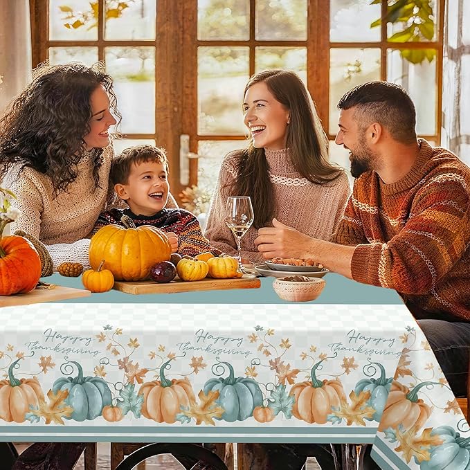 Childom 2 Pack Thanksgiving Tablecloths,Thanksgiving Decorations 54" x 108" Disposable Plastic Tablecloths,Blue Pumpkin Maple Table Covers for Rectangular Table,Home,Dinner,Party,Outdoor Picnic