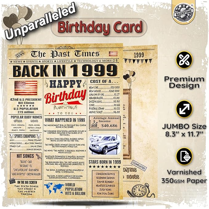 27th Birthday Card for Women Men - Back In 1999 Newspaper - 27 th Happy BIRTHDAY card - 27 birthday gift for Her Him - JUMBO size - 27th birthday decorations Dad Mom - Best gifts for 27 year old