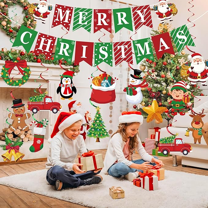 Merry Christmas Party Decorations Pre-strung Merry Christmas Banner with Hanging Swirls Red Green Santa Claus Snowman Hanging Ceiling Swirl for Xmas Holiday Party Home Decor